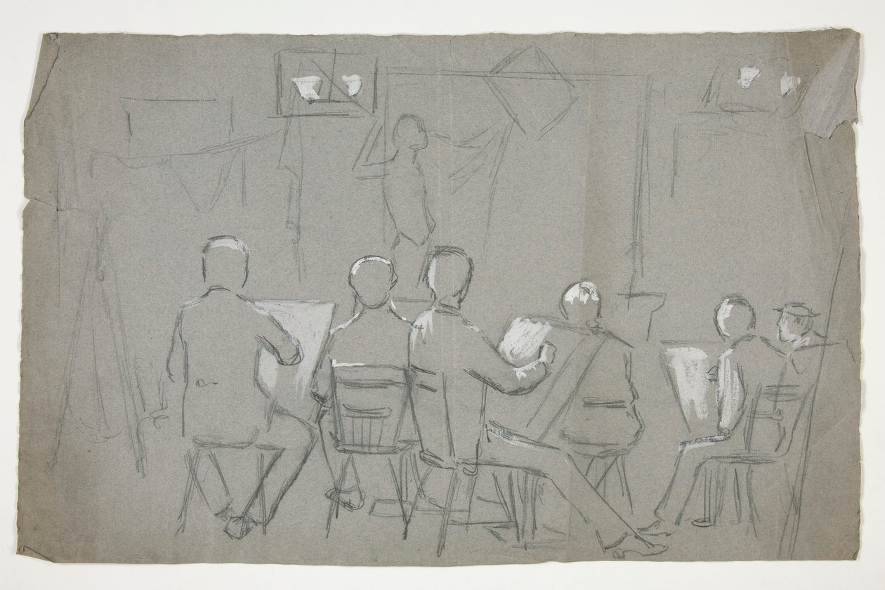 Schizzo di una stanza di studenti che disegnano un modello da Edwin Austin Abbey