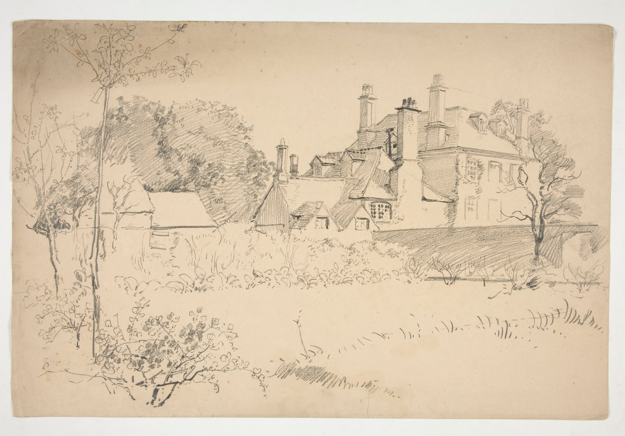 Schizzo di un esterno: giardino, muro e grande casa vittoriana da Edwin Austin Abbey