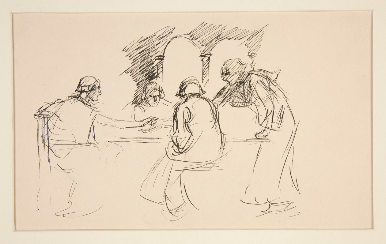 Schizzo di quattro uomini in abiti medievali a un tavolo - illustrazione non identificata, possibilmente per da Edwin Austin Abbey