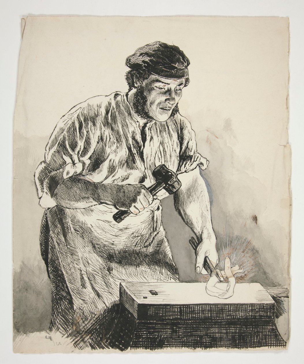 Studio di un fabbro, che martella il ferro - illustrazione non identificata da Edwin Austin Abbey