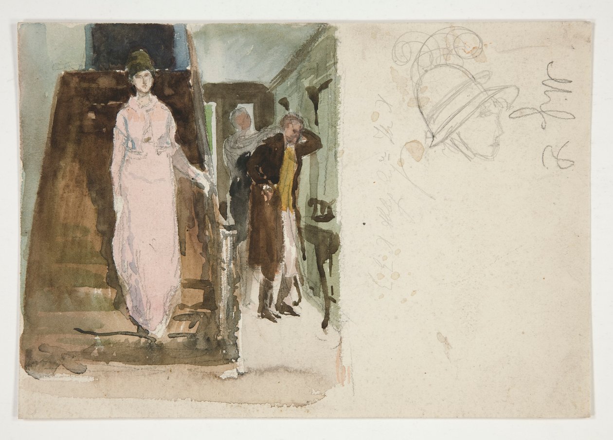 Studio di un interno: coppia che si prepara a uscire per la sera da Edwin Austin Abbey