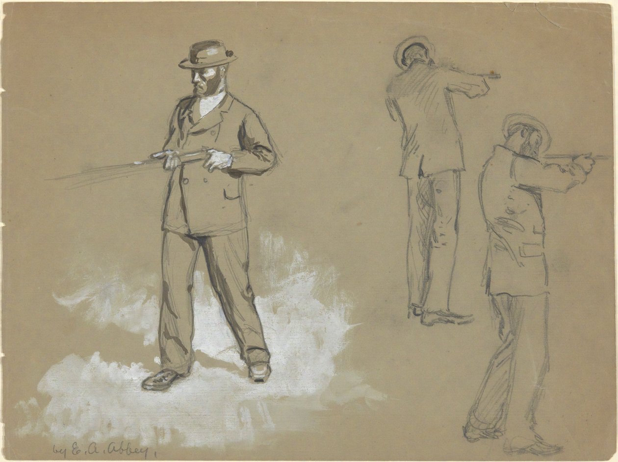 Tre schizzi di un uomo con un fucile (recto); Studi di figure e ritratto di A. S. Wina (?) (verso) da Edwin Austin Abbey