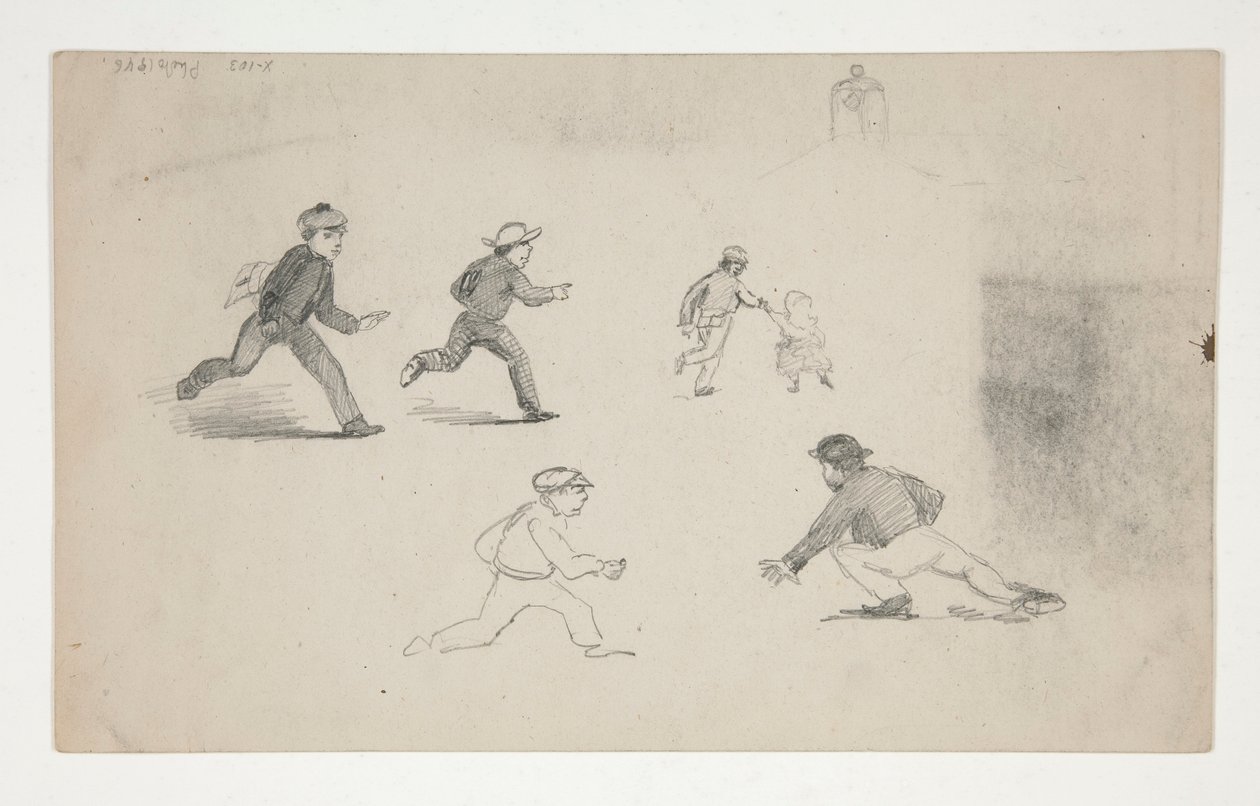 Tre studi (uomini con cavalli, studio di una testa) (recto); Sei studi di figure in corsa, studio di un campanile (verso) da Edwin Austin Abbey