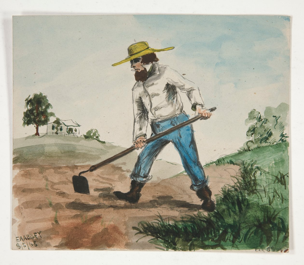 Illustrazione non identificata di un uomo che zappa un giardino (recto); Tre studi di figure (verso) da Edwin Austin Abbey