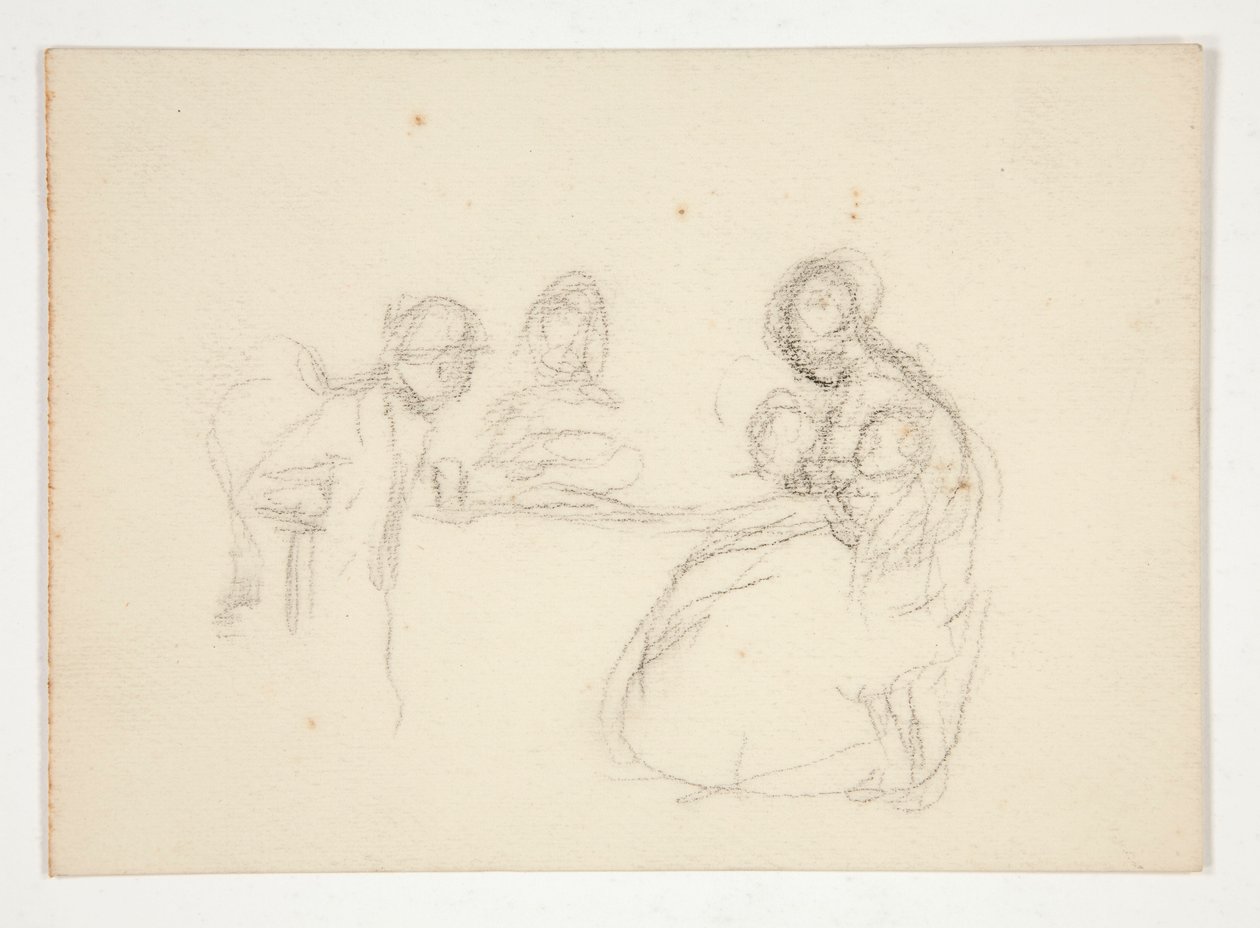 Illustrazione non identificata - Studio di figure a un tavolo. Uomo seduto sul retro. da Edwin Austin Abbey