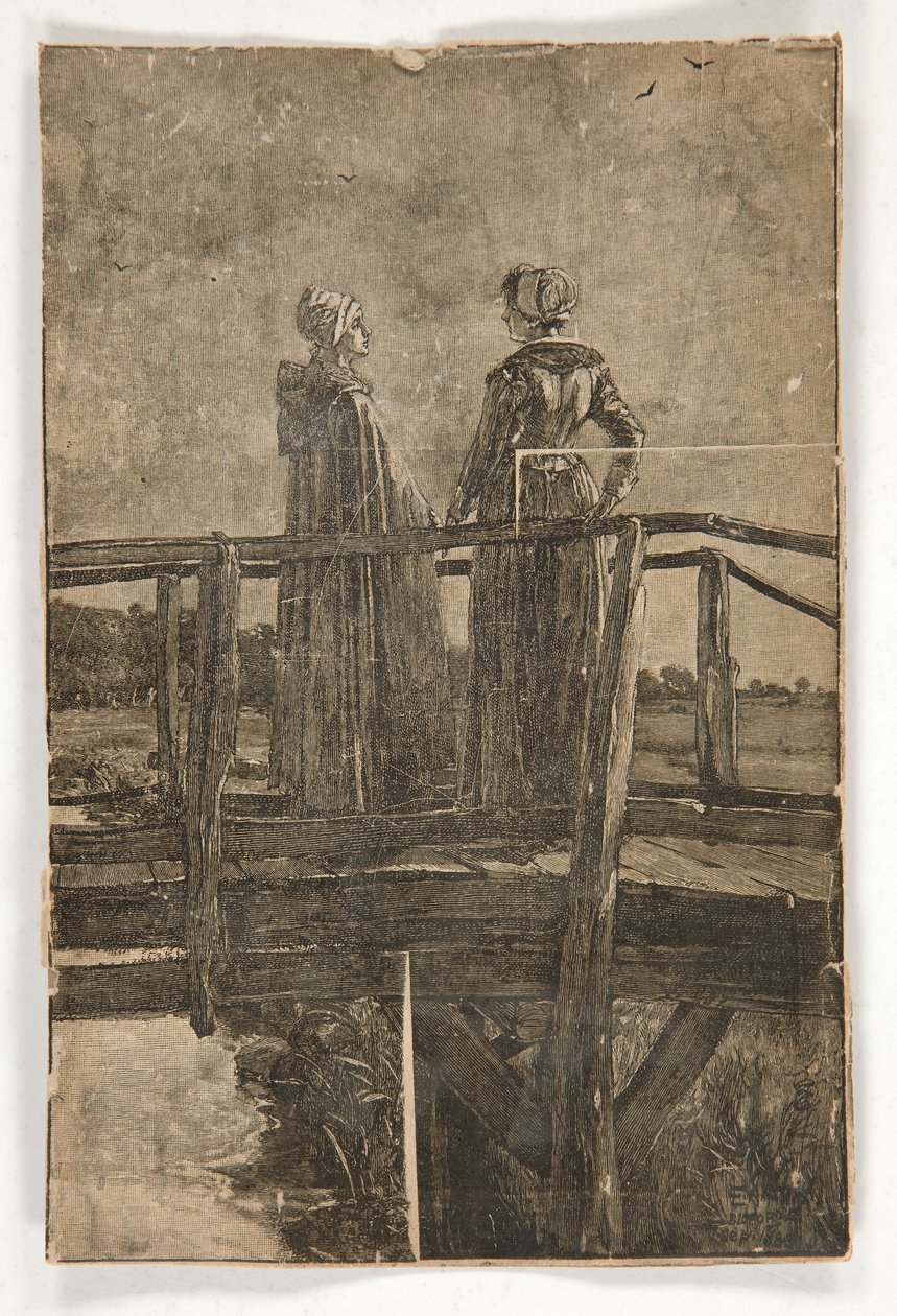Incisione su legno senza titolo di E.A. Abbey (?) di due signore su un ponte di legno - illustrazione per William Black da Edwin Austin Abbey