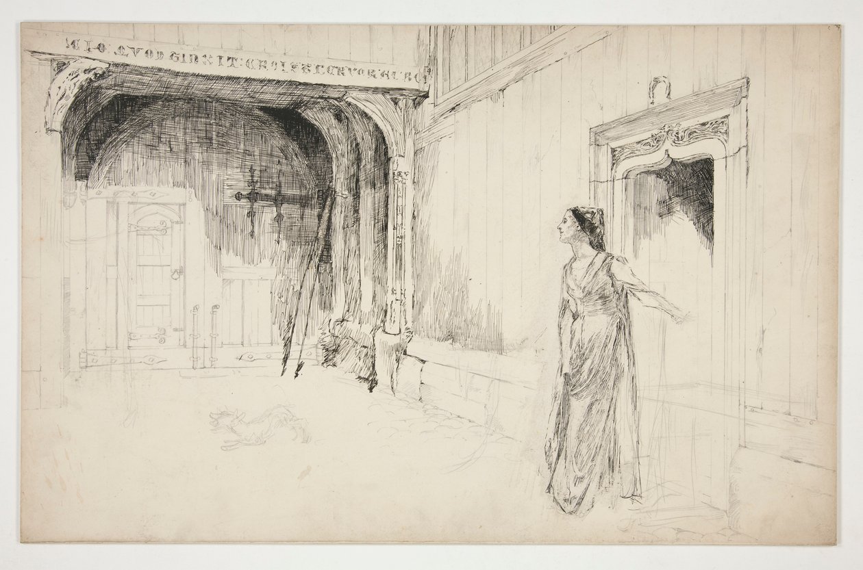 Donna e cane in un interno da Edwin Austin Abbey