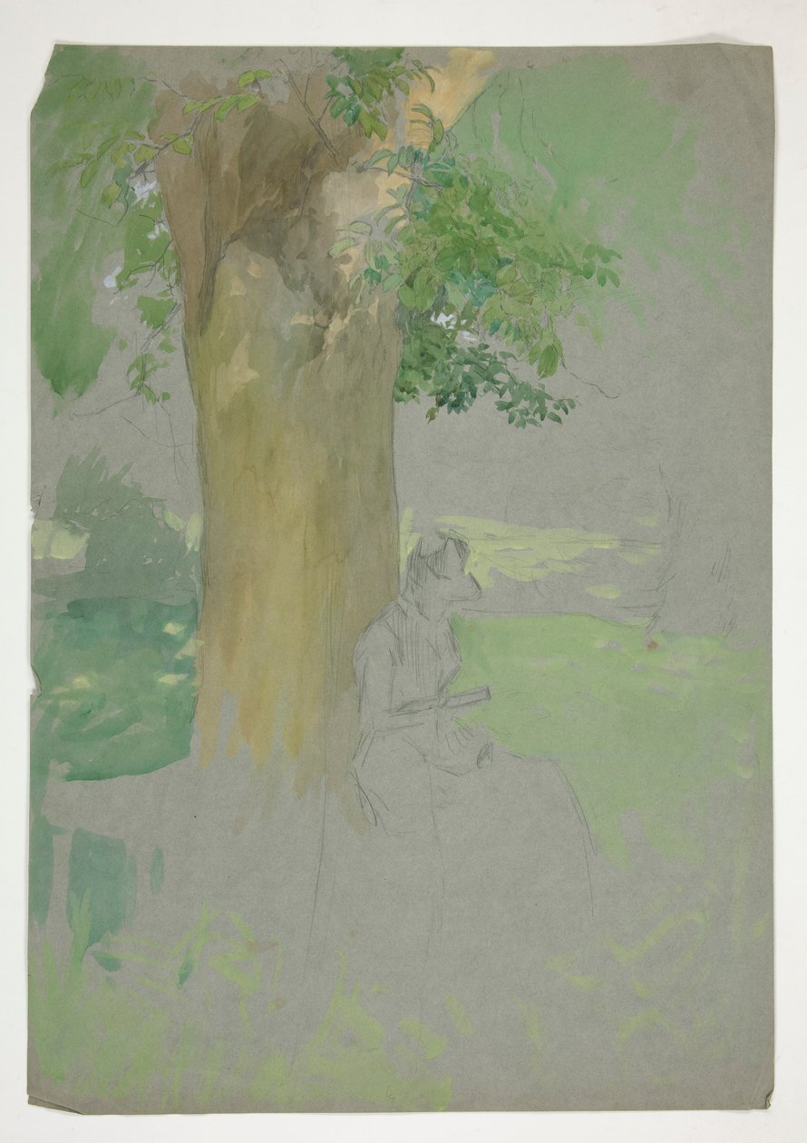 Donna seduta sotto un albero, che legge da Edwin Austin Abbey