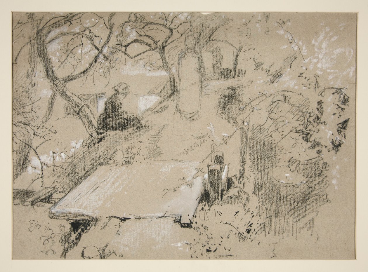 Donna seduta su una panchina in un giardino o parco pubblico - illustrazione non identificata da Edwin Austin Abbey