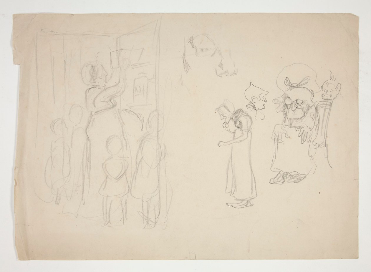 Donna con bambini e cartone animato - illustrazione non identificata da Edwin Austin Abbey