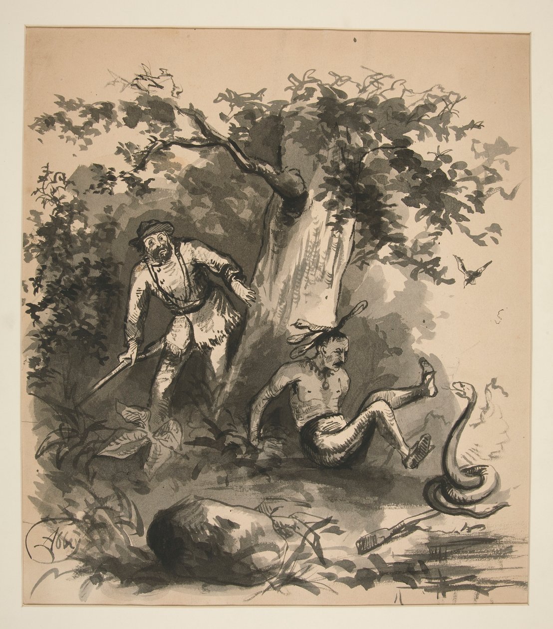 Scena boschiva di un cacciatore, un indiano e un serpente - illustrazione non identificata da Edwin Austin Abbey