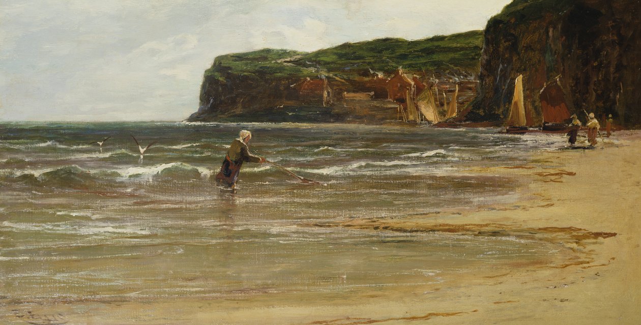 Vista costiera con donna che pesca gamberetti, c.1900 da Edwin Ellis