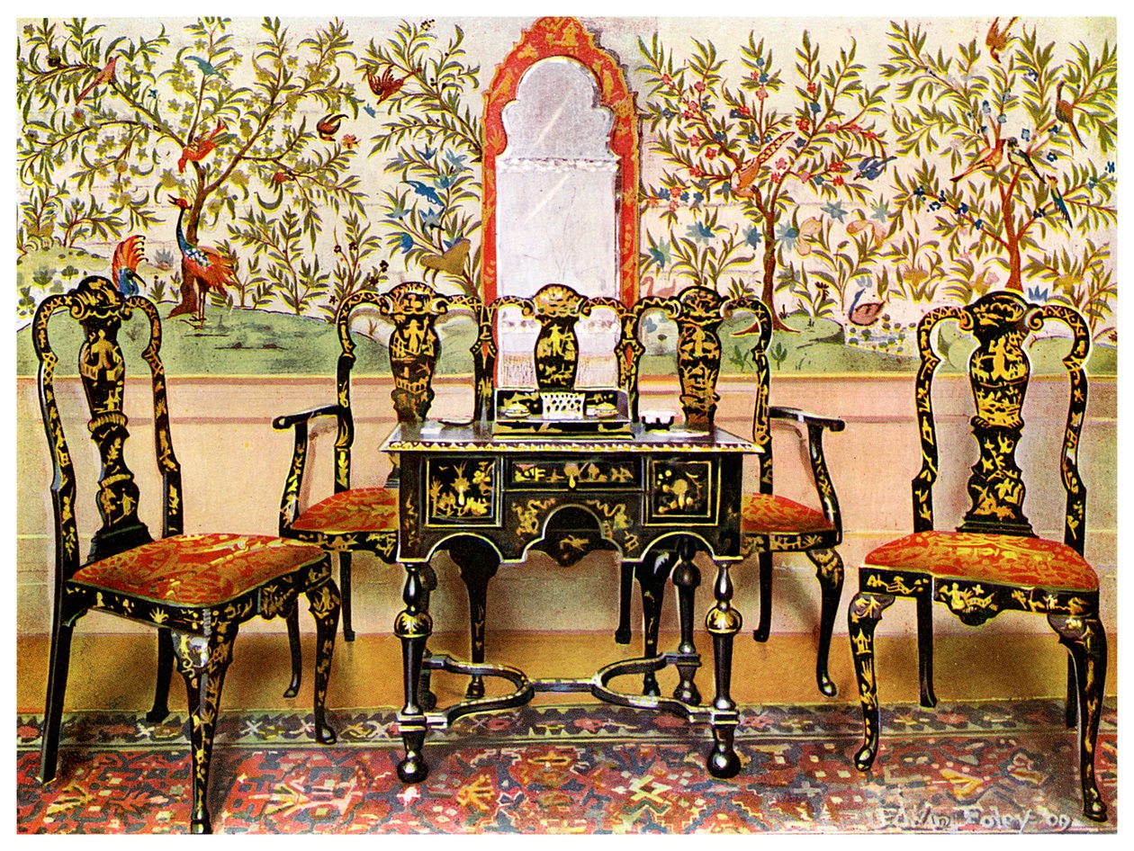 Divano laccato nero, sedie e tavolo e specchio laccato rosso, 1910 da Edwin Foley