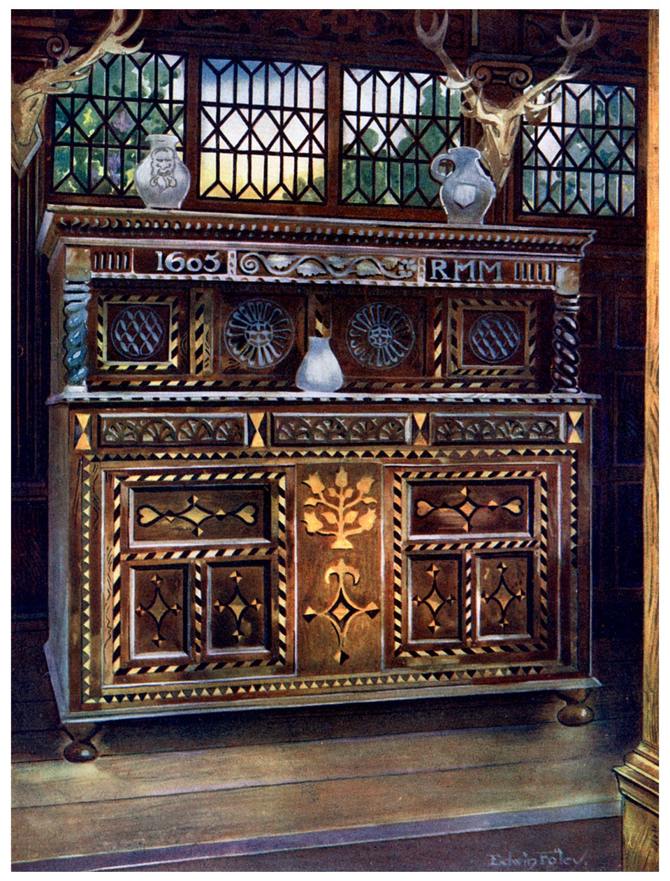 Credenza scolpita e intarsiata in quercia da Edwin Foley