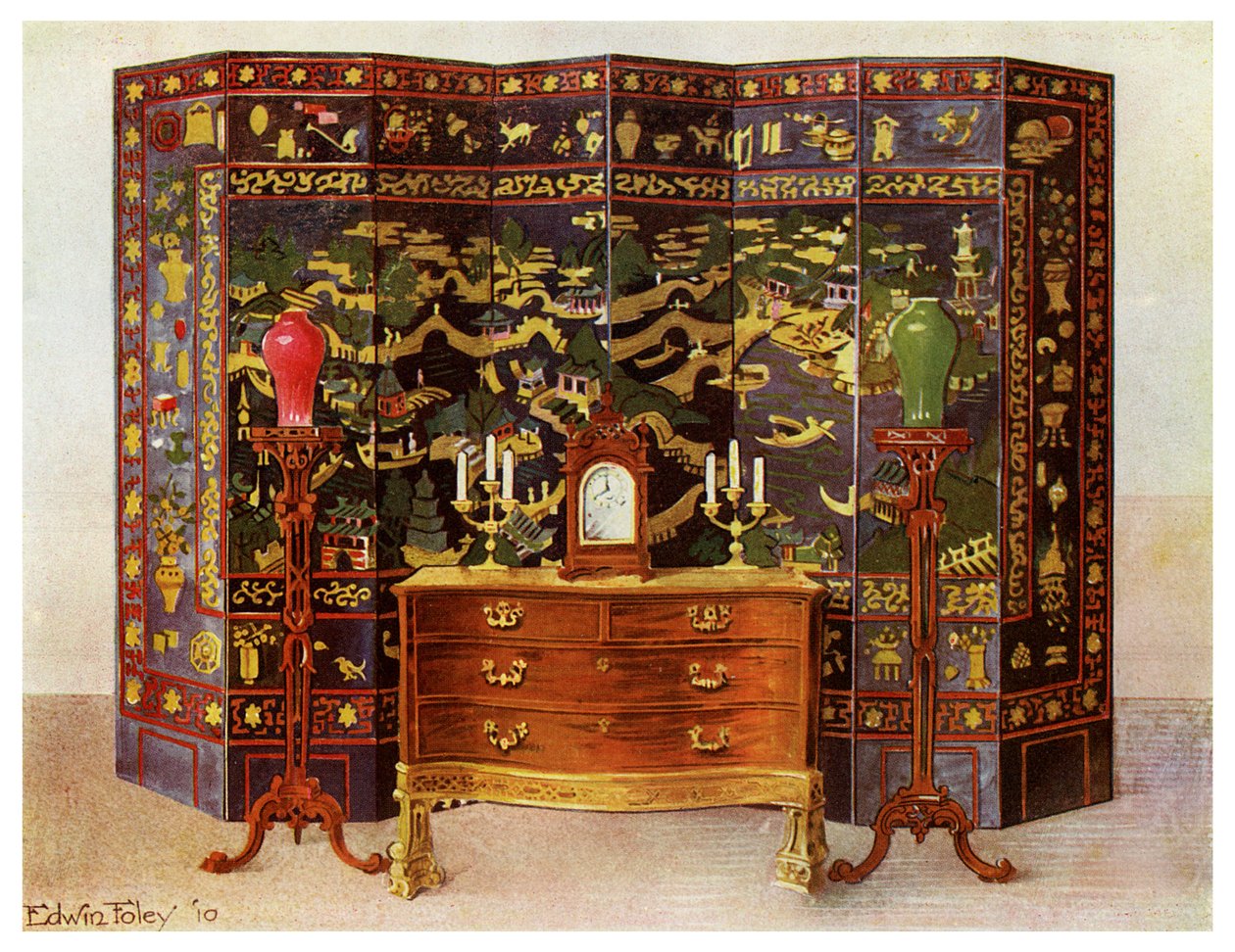 Comò curvo e paravento cinese laccato a otto pannelli, 1911-1912 da Edwin Foley