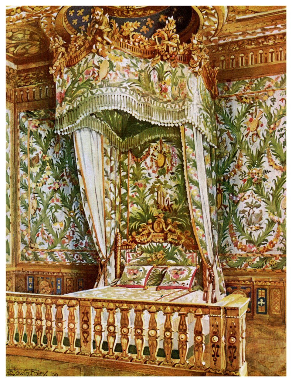 Letto di stato dorato di Maria Antonietta, Camera della Regina, Palazzo di Fontainebleau, Francia, 1911-1912 da Edwin Foley