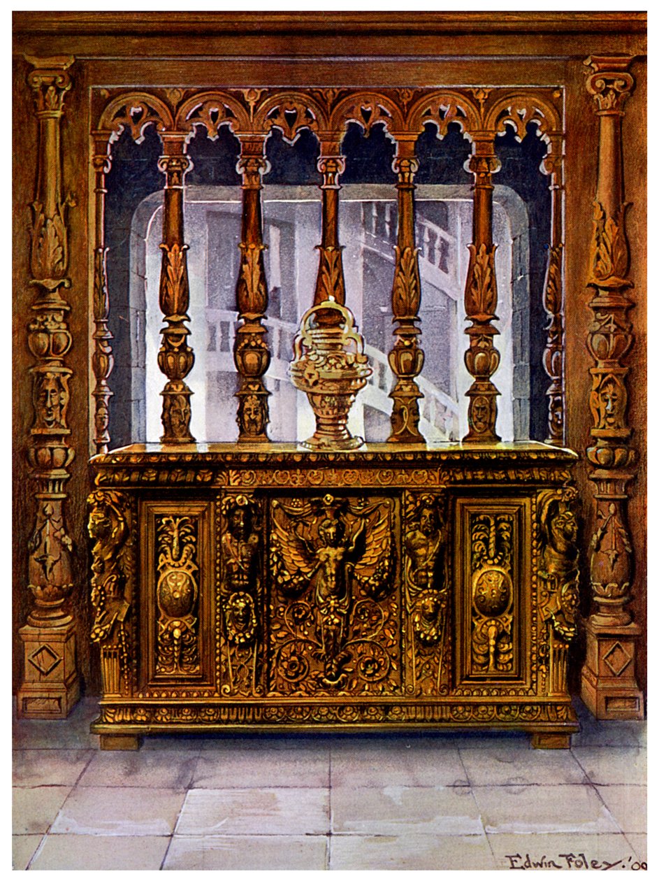 Cassapanca scolpita di Enrico II o bahut e schermo di quercia dello stesso periodo francese, 1910 da Edwin Foley
