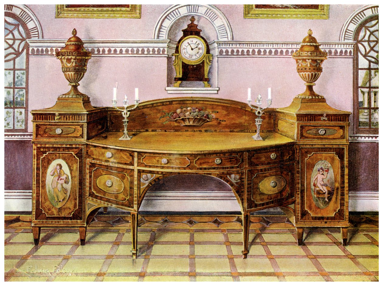 Credenza in legno satinato dipinto e intarsiato e orologio a mensola in mogano da Edwin Foley
