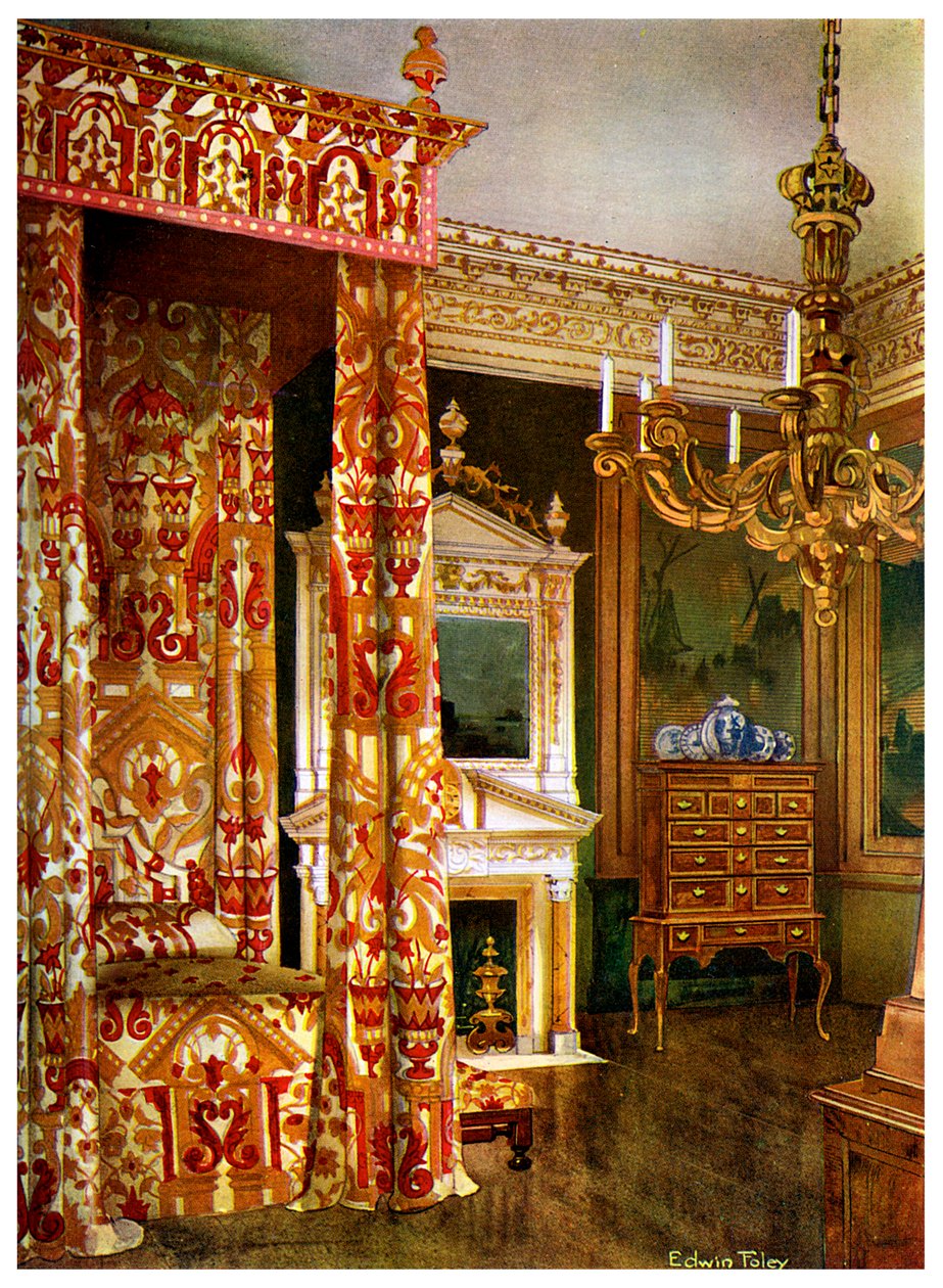 Letto della regina Anna, cassettone su un supporto e un candelabro di legno, 1910 da Edwin Foley