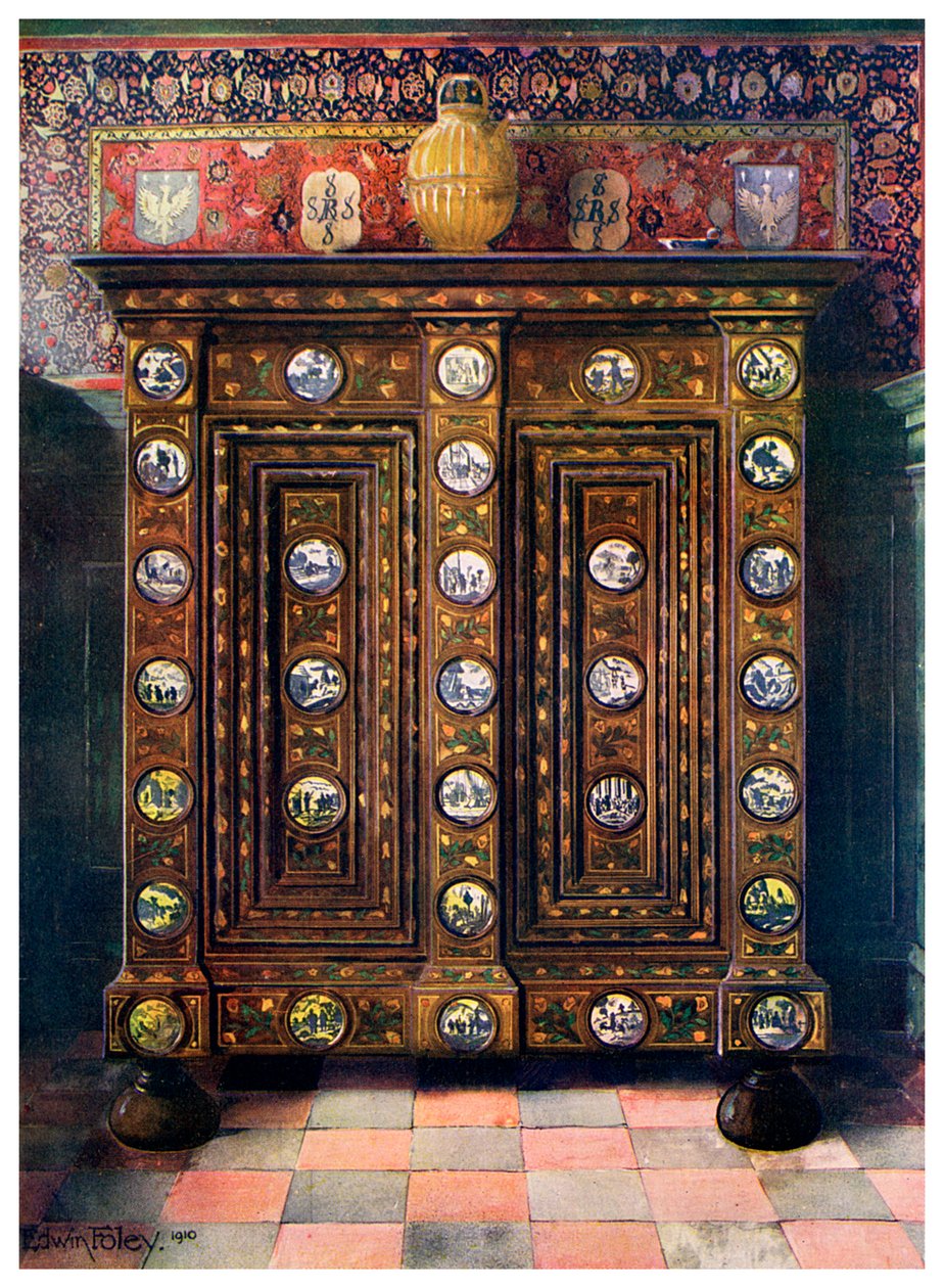 Kas di noce intarsiato e con medaglioni dipinti di ceramica di Delft, 1910 da Edwin Foley