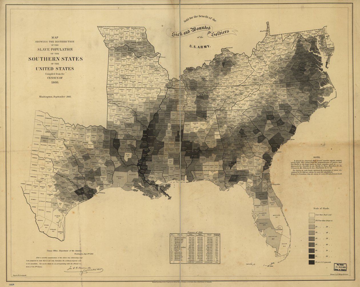 Mappa che Mostra la Distribuzione della Popolazione Schiava degli Stati del Sud degli Stati Uniti, Compilata dal Censimento del 1860 da Edwin Hergesheimer