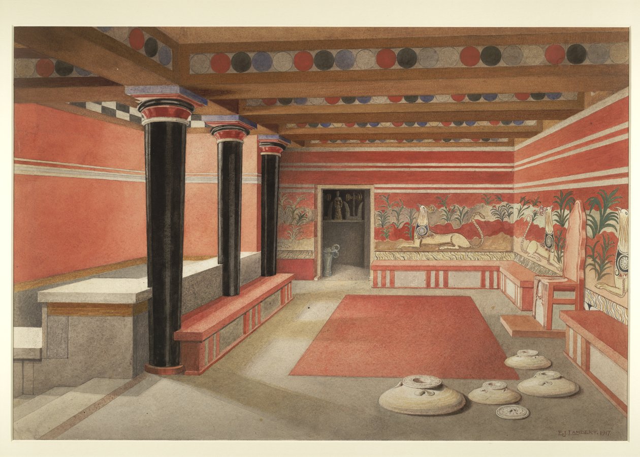 Sala del Trono reimmaginata del Palazzo di Minosse a Cnosso da Edwin J. Lambert