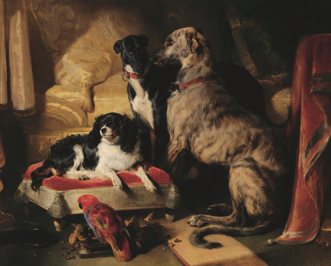 Hector, Nero e Dash con il pappagallo Lory da Edwin Landseer