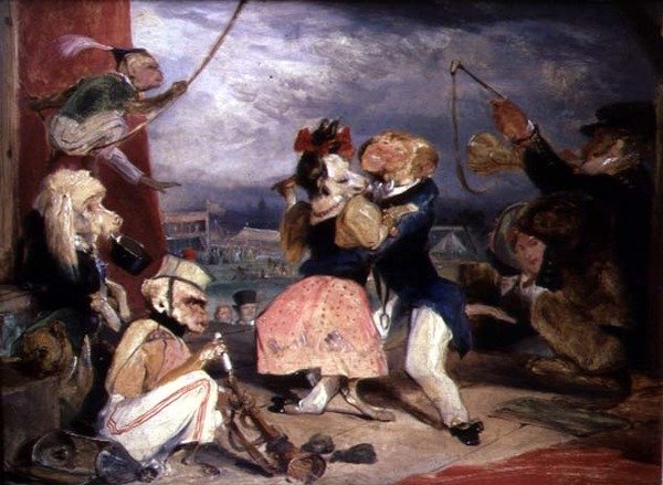 Fiera del West End: scimmie e cani che si esibiscono su un palco da Edwin Landseer