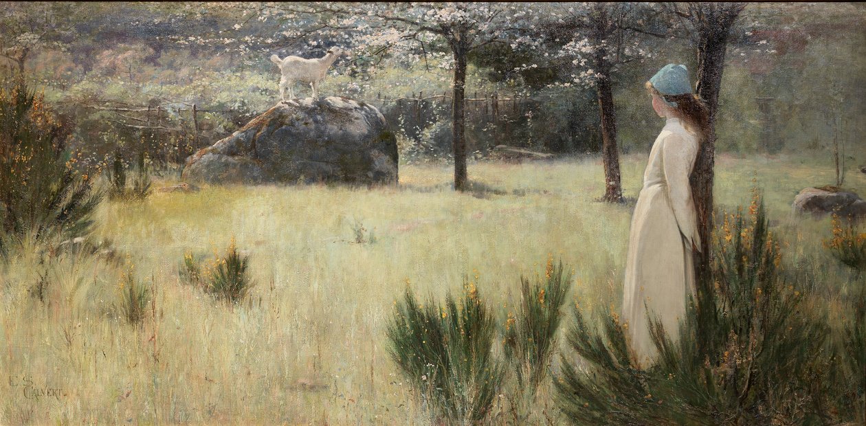 La giovane pastorella e la sua capra in un pascolo primaverile da Edwin Sherwood Calvert
