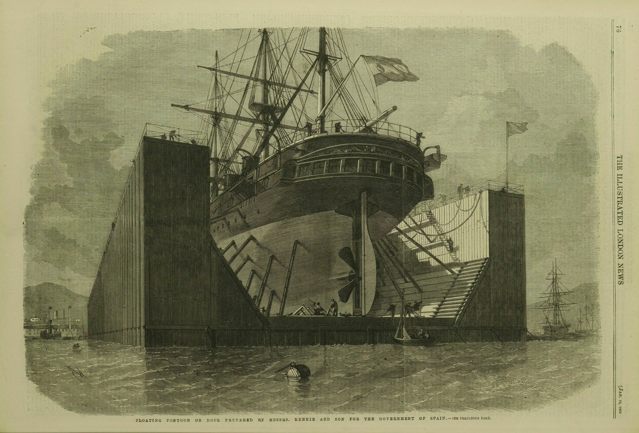 Pontile o bacino galleggiante preparato da Messrs. Rennie and Son per il governo spagnolo da Edwin Weedon