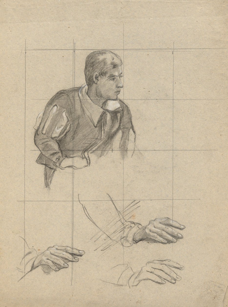 Uomo seduto e studio delle mani, schizzo per la firma del patto nella cabina del Mayflower da Edwin White
