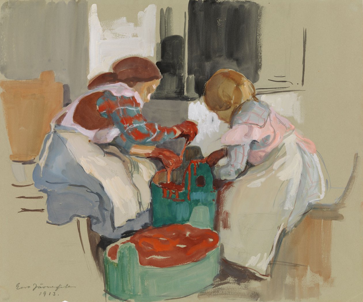Due ragazze che tingono la stoffa da Eero Järnefelt