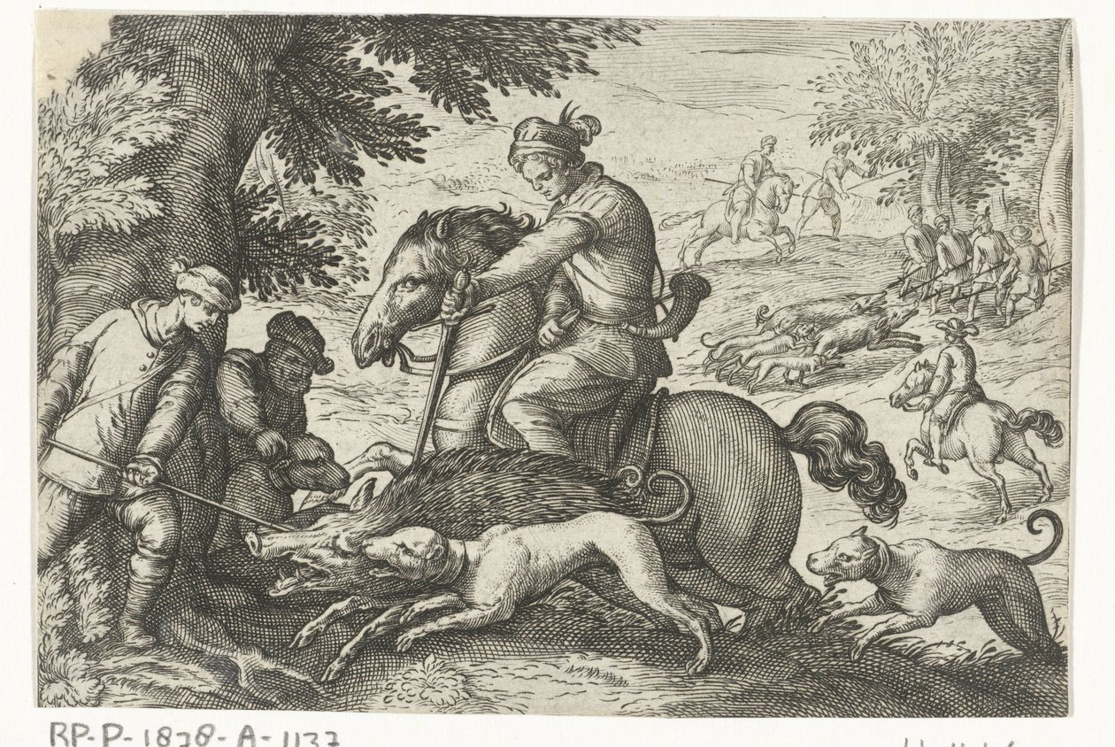 Paesaggio collinare con caccia al cinghiale da Egbert Jansz.
