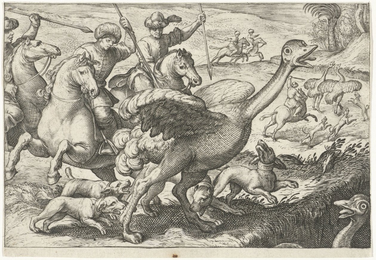 Paesaggio con caccia allo struzzo (Scene di caccia) da Egbert Jansz.