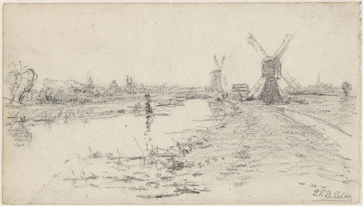 Paesaggio con fiume e due mulini da Egbert Rubertus Derk Schaap