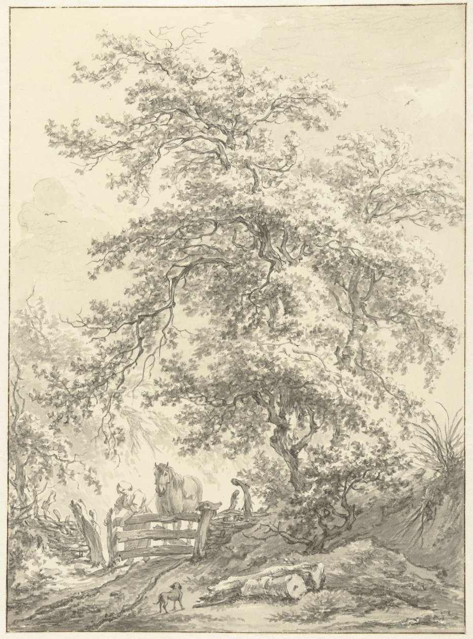 Donna con cavallo vicino a un cancello sotto un grande albero da Egbert van Drielst