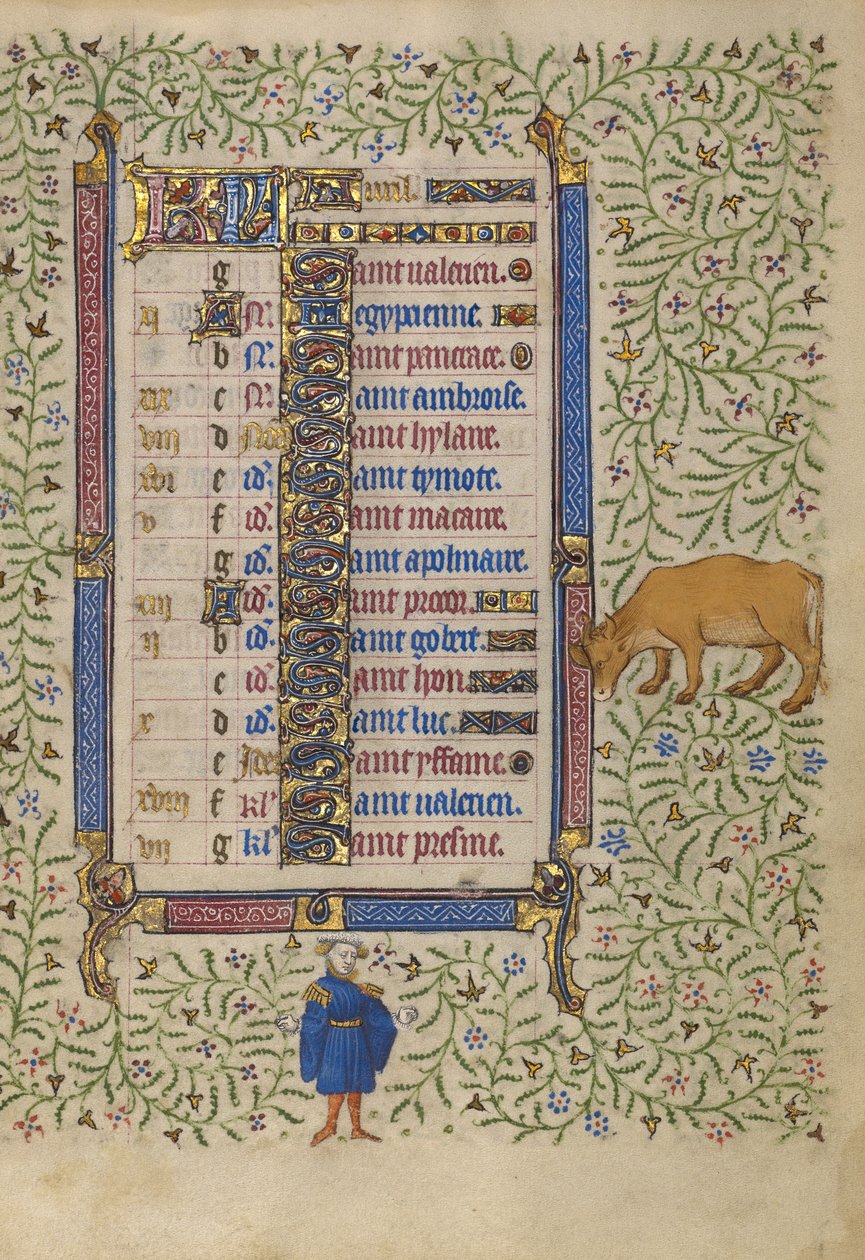 Pagina del calendario di aprile; Raccogliere i fiori; Toro da Egerton Master