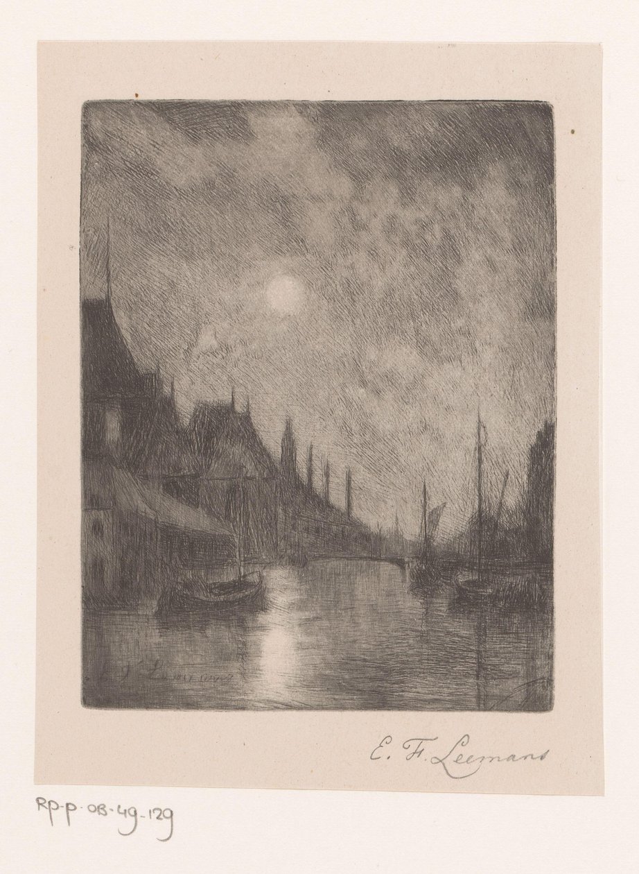 Veduta fluviale in una città di notte da Egide François Leemans (signed by artist)