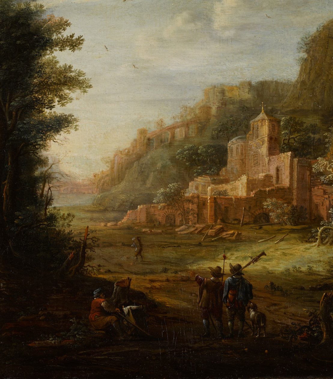 Paesaggio boscoso con due cacciatori all