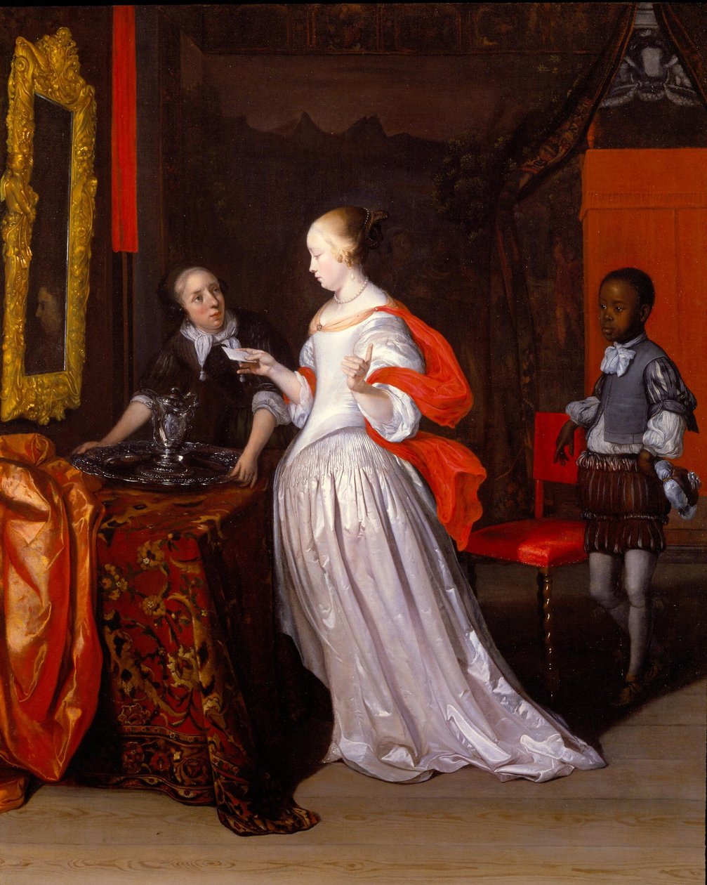 Giovane donna con una lettera e due domestici in un interno distinto da Eglon van der Neer