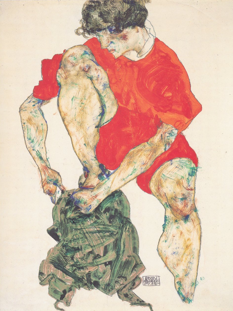 Modello femminile in abito rosso da Egon Schiele