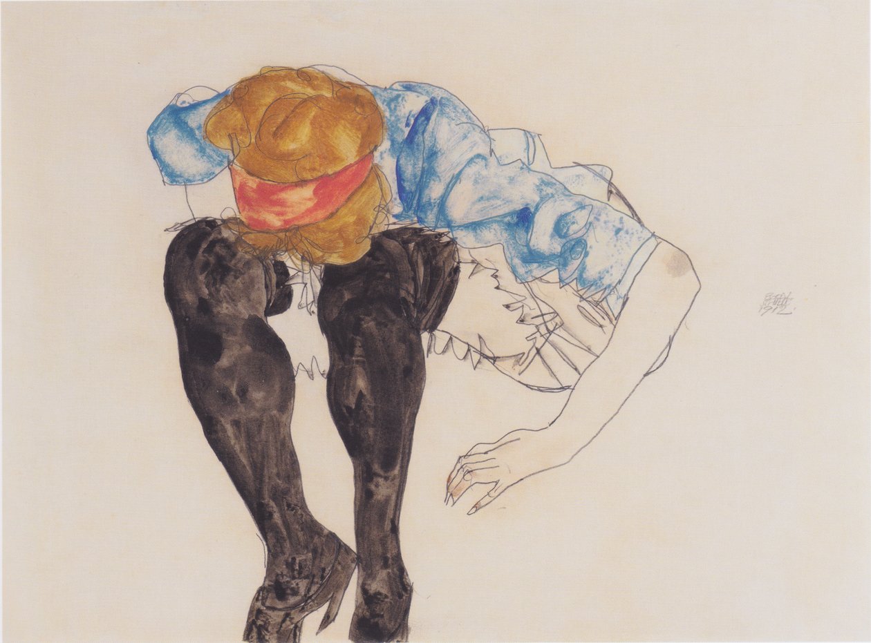 Bionda, piegata in avanti con calze nere da Egon Schiele