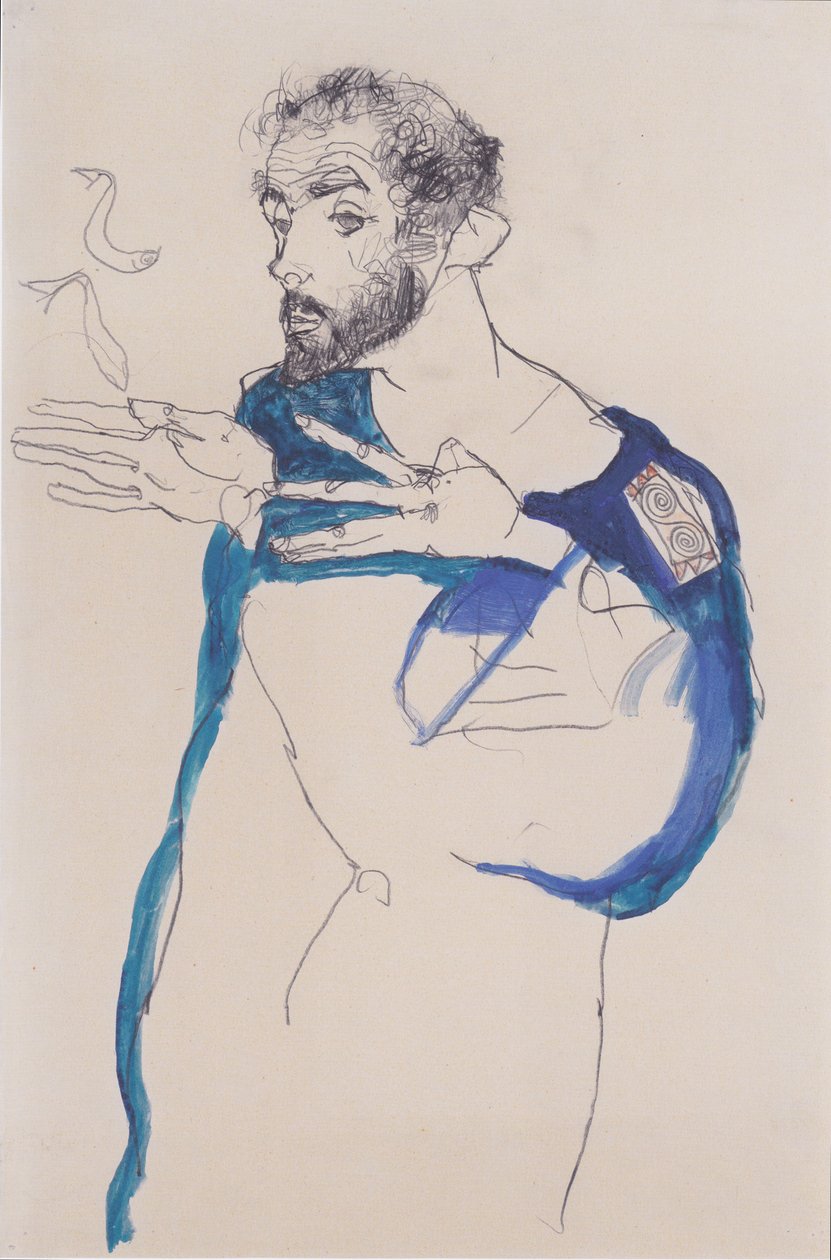 Gustav Klimt con camice da pittore blu da Egon Schiele