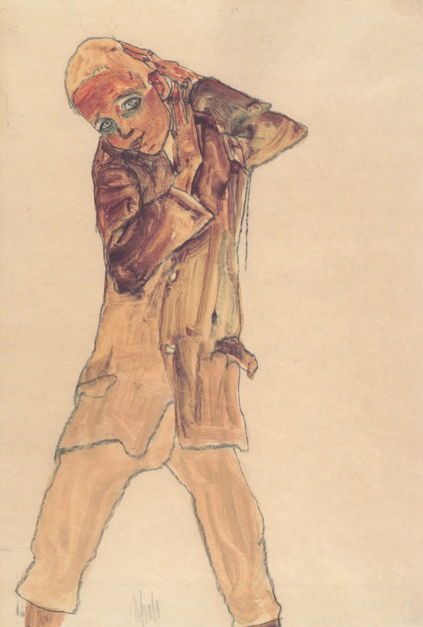 Ragazzo con lungo cappotto da Egon Schiele