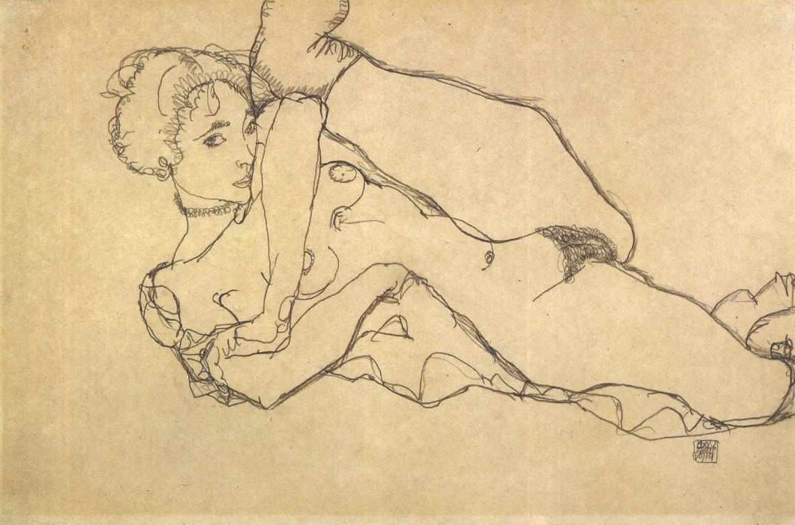 Nudo sdraiato con gamba sinistra piegata da Egon Schiele