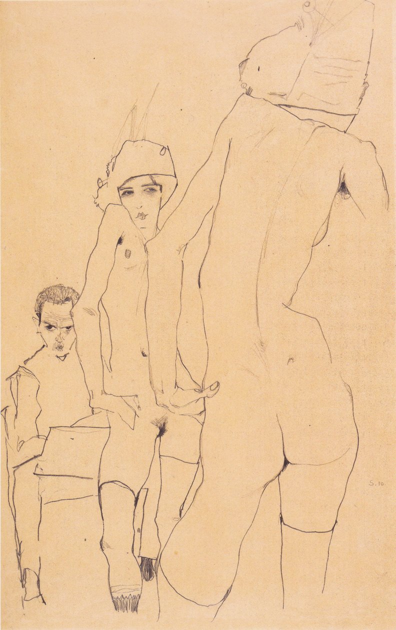 Schiele con modello nudo davanti allo specchio da Egon Schiele