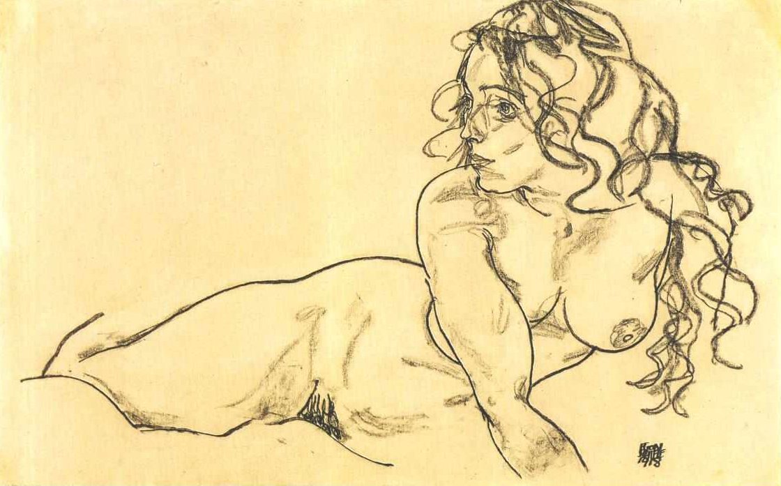 Nudo femminile appoggiato con capelli lunghi da Egon Schiele