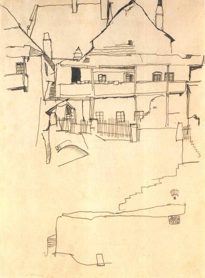 Studio per il dipinto Casa con tetto di scandole da Egon Schiele