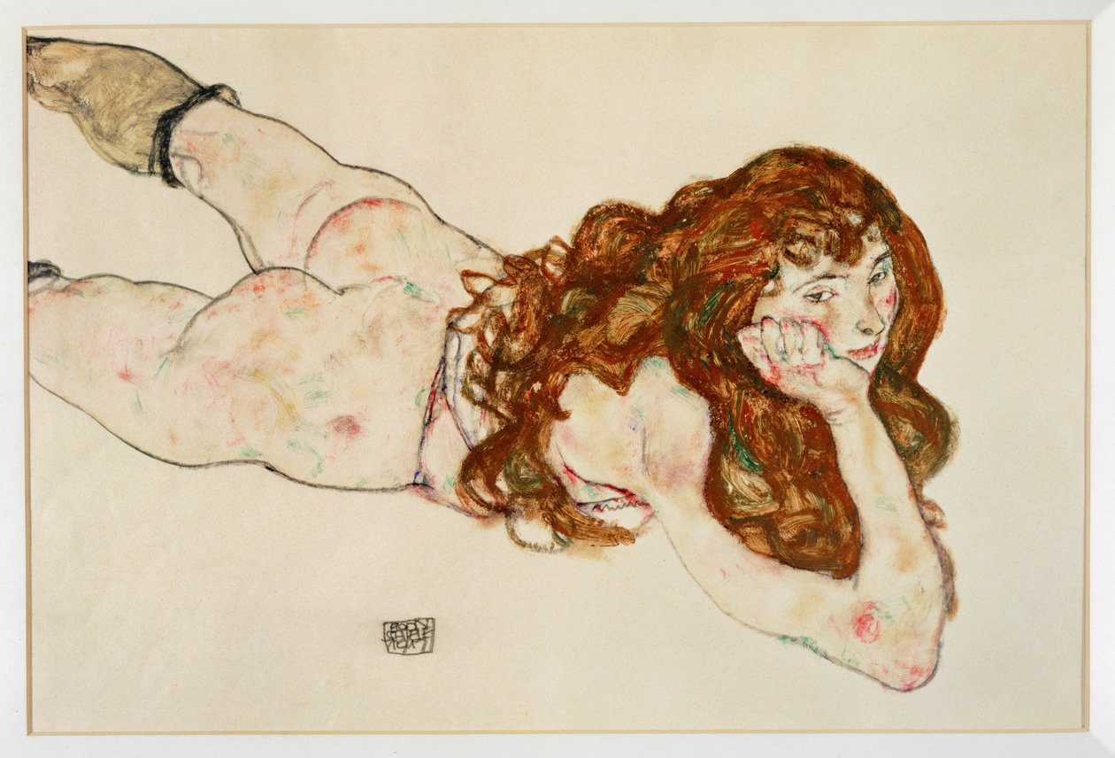 Nudo femminile sdraiato sul ventre - Nudo sul ... (guazzo e pastello nero) da Egon Schiele
