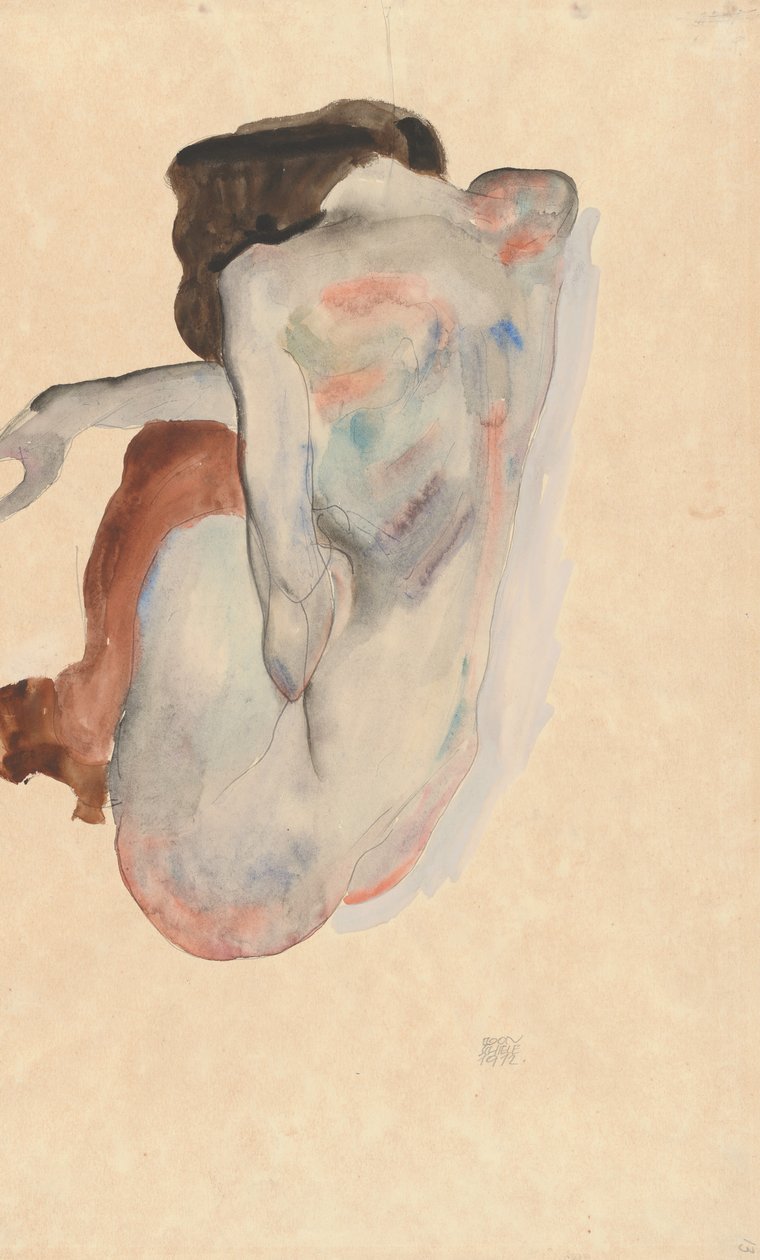 Nudo accovacciato con scarpe e calze nere, vista posteriore, 1912 da Egon Schiele
